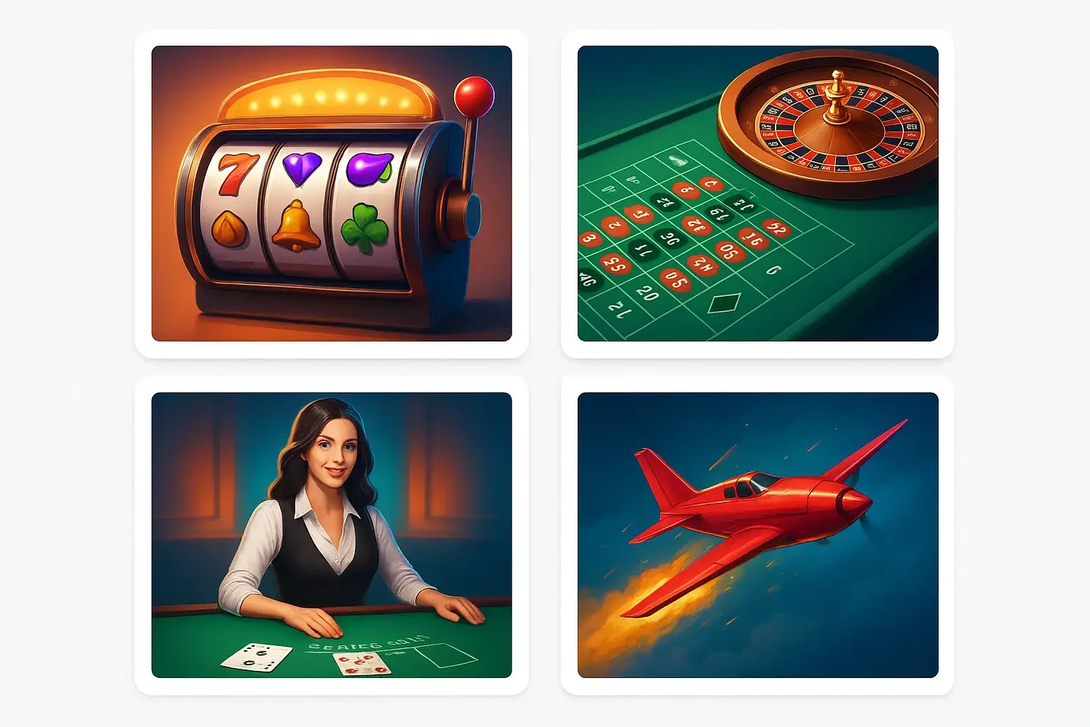 Värikkäät kasinopelien pikkukuvat vaalealla taustalla, kolikkopelit, ruletti, blackjack, aviator