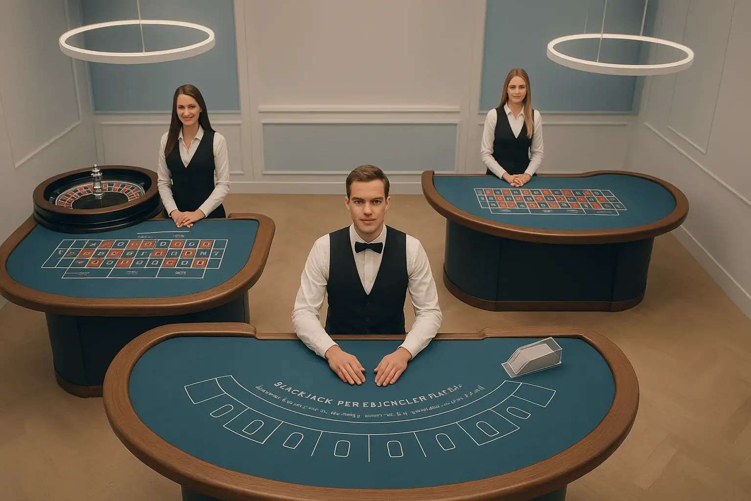 Elegantti livekasinostudio, jakajat, skandinaavinen valaistus, ruletti ja blackjack-pöydät