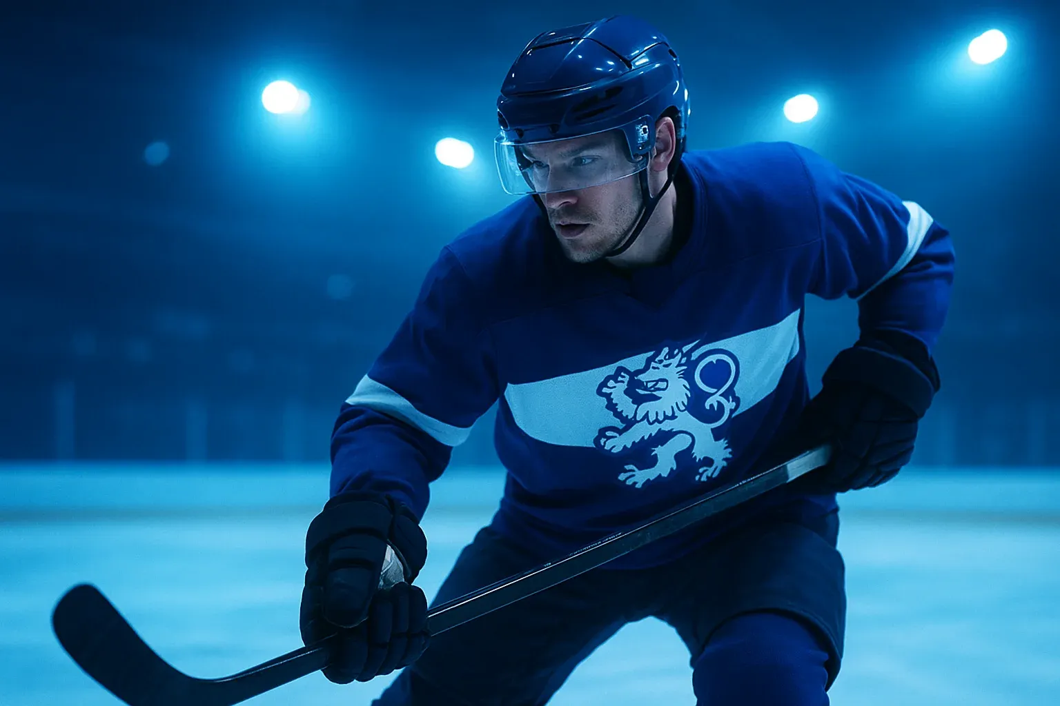 Suomalainen jääkiekon vedonlyöntibanneri SM-liiga-ottelutilanteesta sinivalkoisessa valaistussa hallissa